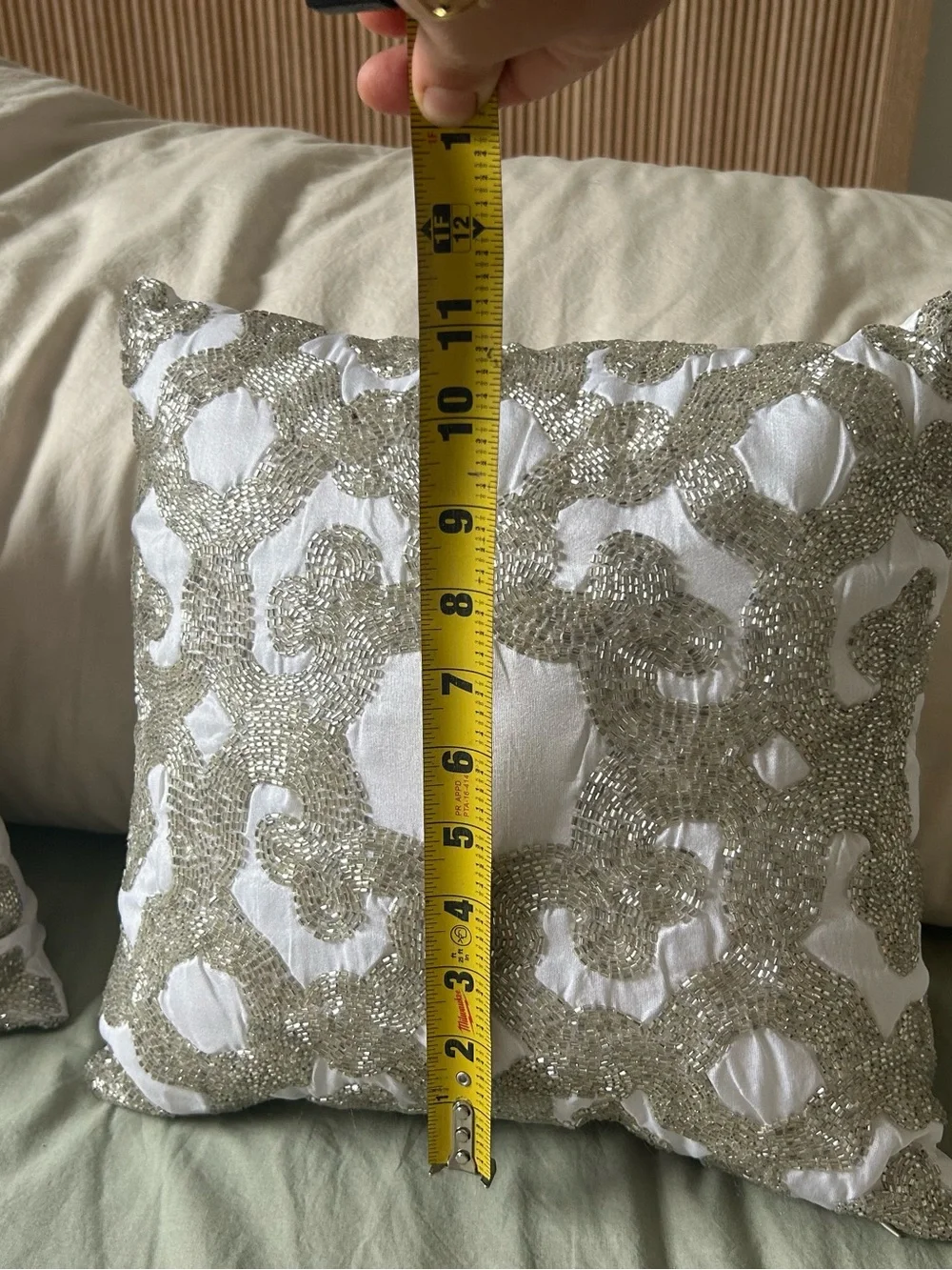 White Decorative Throw Pillow Pair with Beaded Silver Pattern
